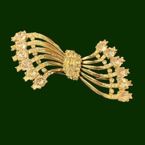 Vintage Bow Brooch Pin with Rhinestones in Gold Tone Setting